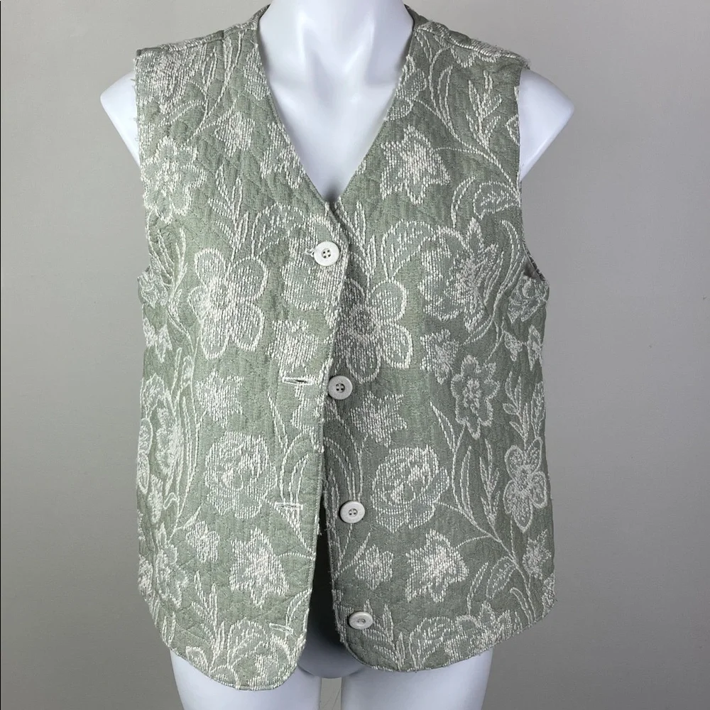 Vintage Embroidered Textile Vest Sage Green Cream